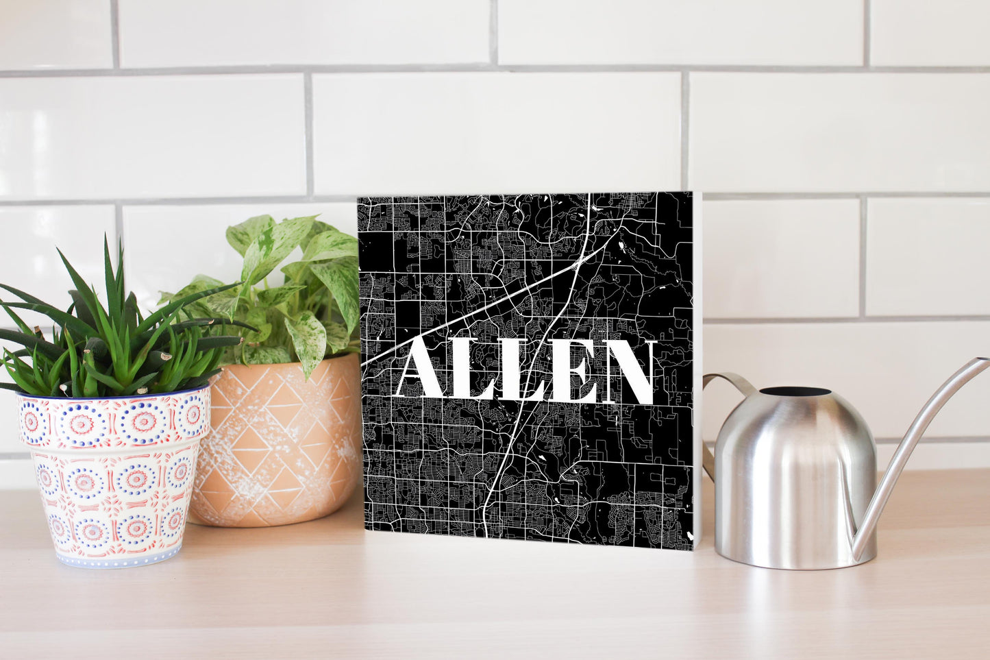 Minimalistic B&W Texas Allen Map | Wood Block | Eaches | Min 2