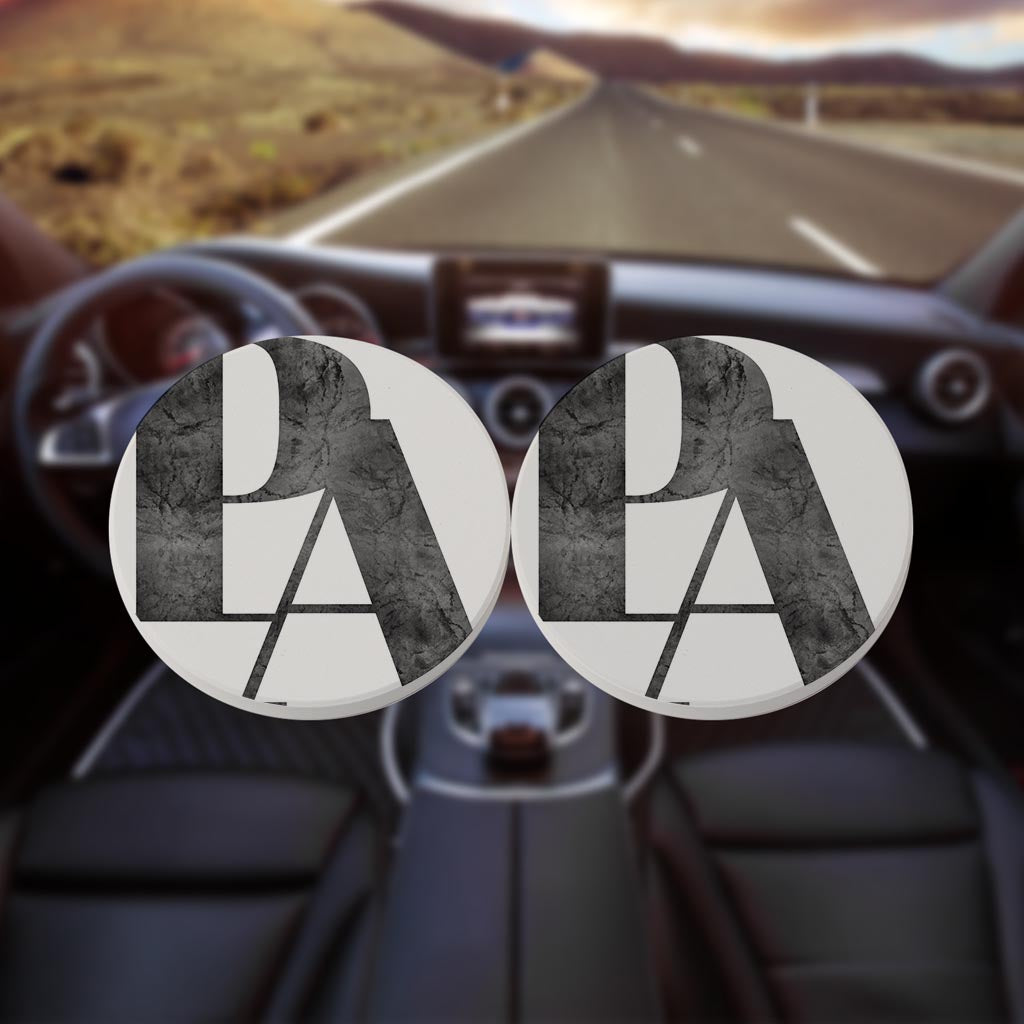 Minimalistic B&W Pennsylvania White Initials | Absorbent Car Coasters | Set of 2 | Min 4