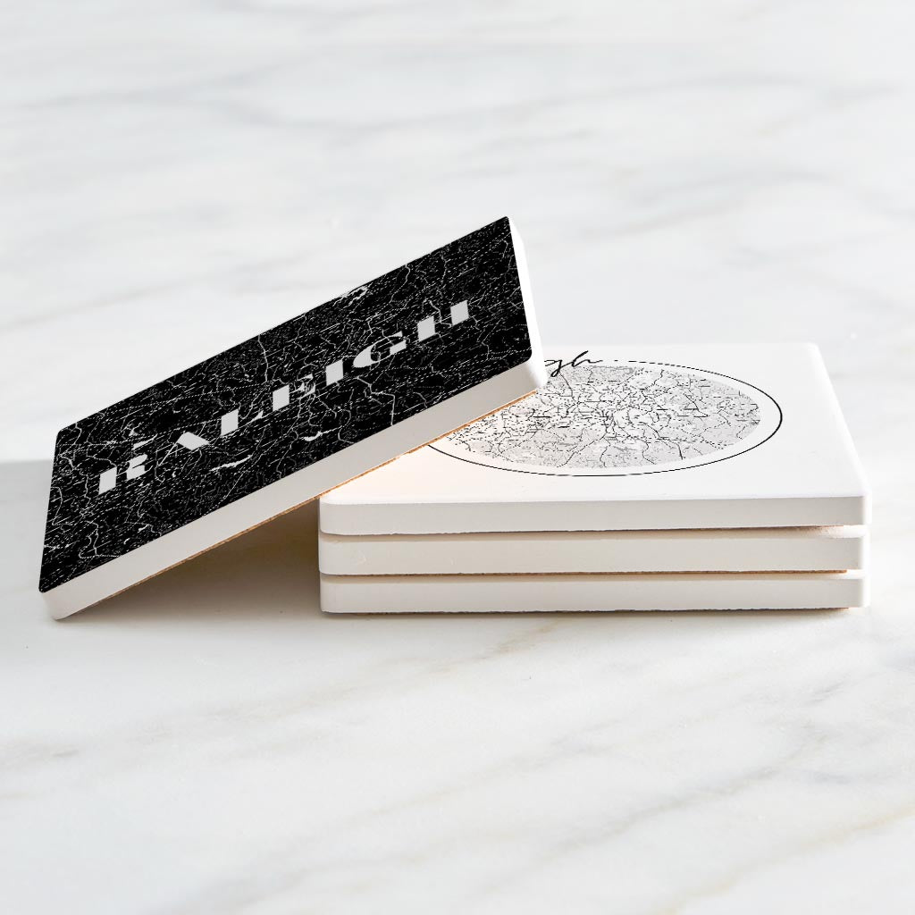 Minimalistic B&W North Carolina Raleigh Maps | Absorbent Coasters | Set of 4 | Min 2