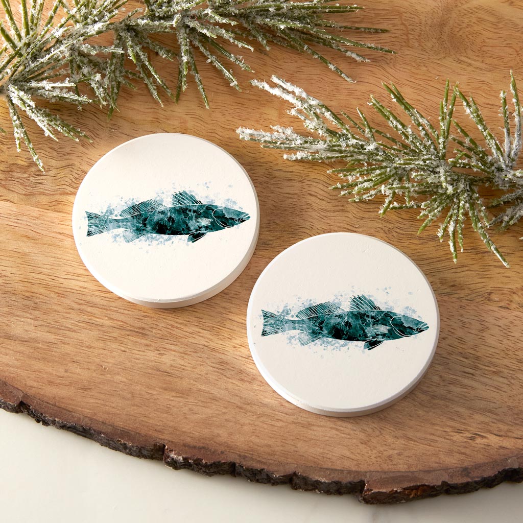 Blue White Water Color Speckled Trout | Absorbent Car Coasters | Set of 2 | Min 4