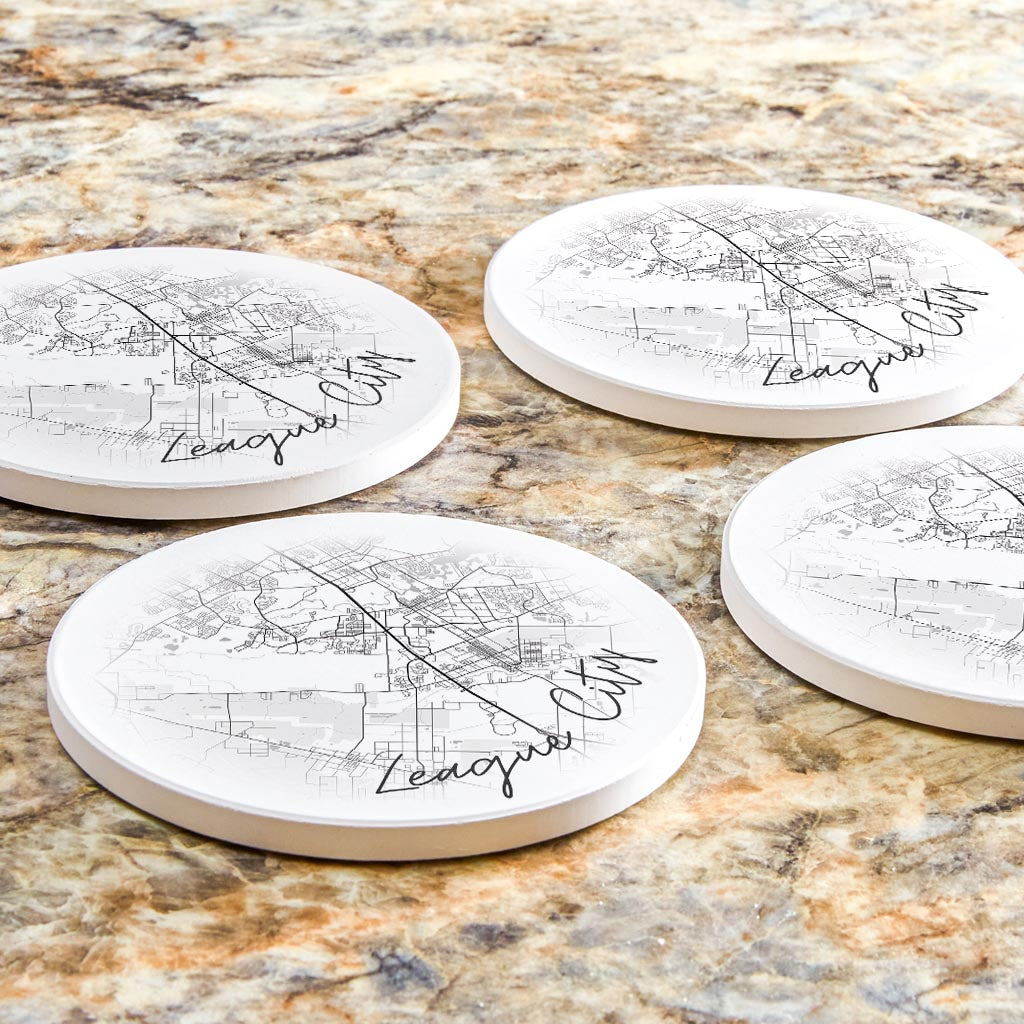 Minimalistic B&W Texas League City Circle Map | Absorbent Coasters | Set of 4 | Min 2