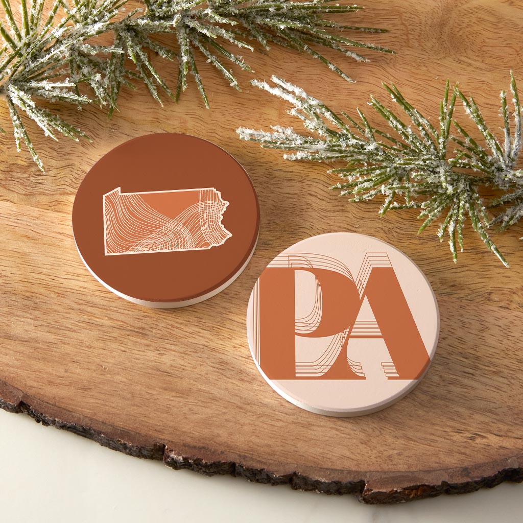 Modern Minimalist Pennsylvania State Initials | Absorbent Car Coasters | Set of 2 | Min 4