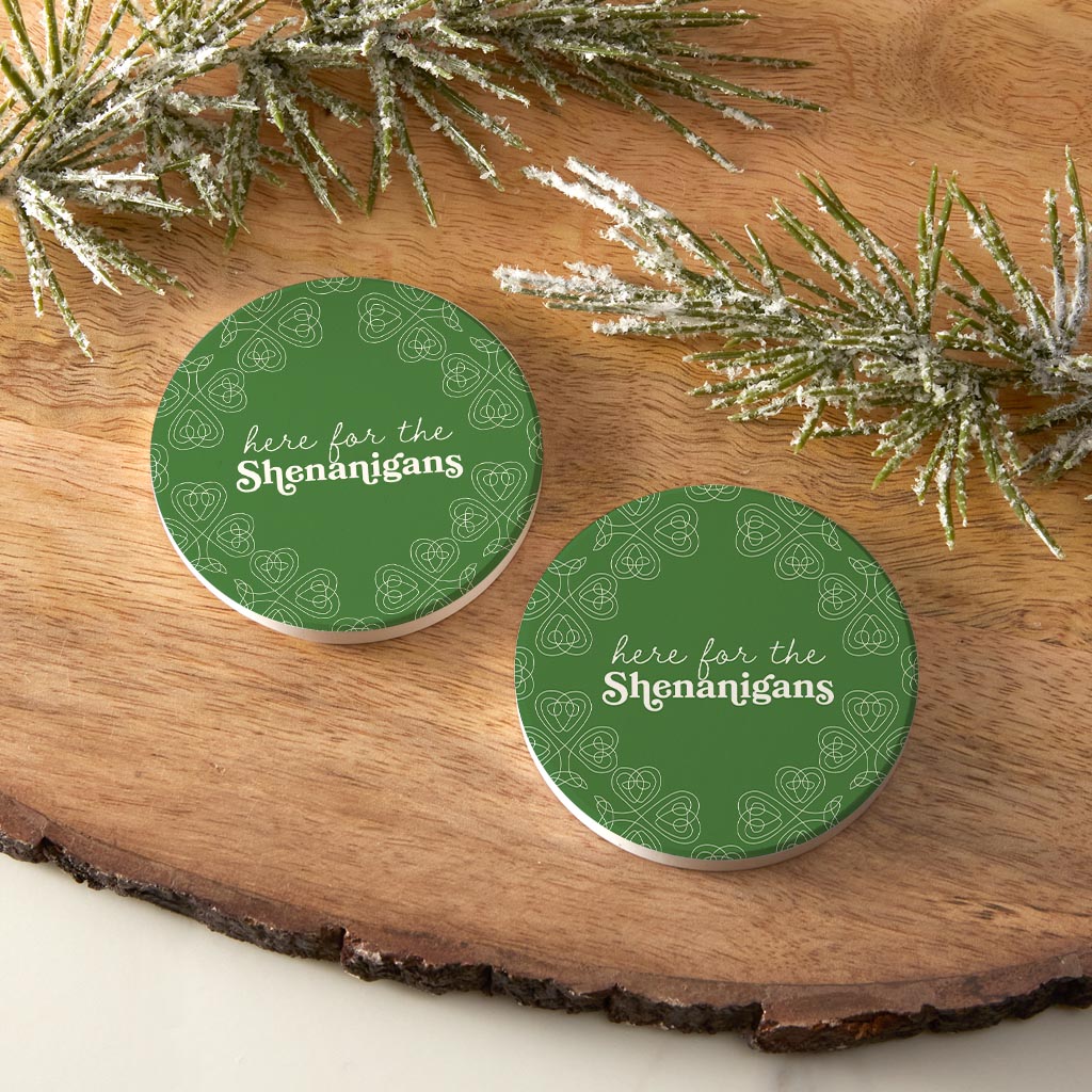 Dark Green Shamrock Here For The Shenanigans| Absorbent Car Coasters | Set of 2 | Min 4