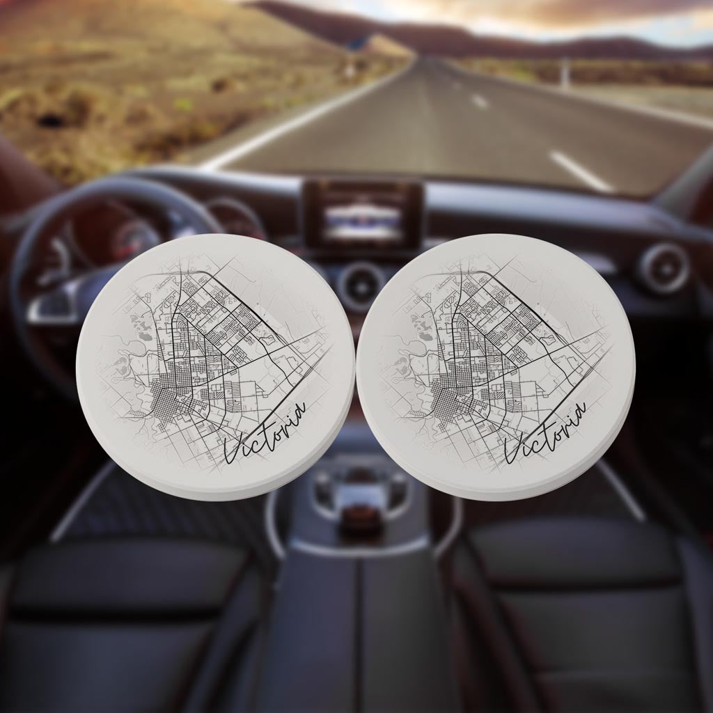Minimalistic B&W Texas Victoria Circle Map | Absorbent Car Coasters | Set of 2 | Min 4