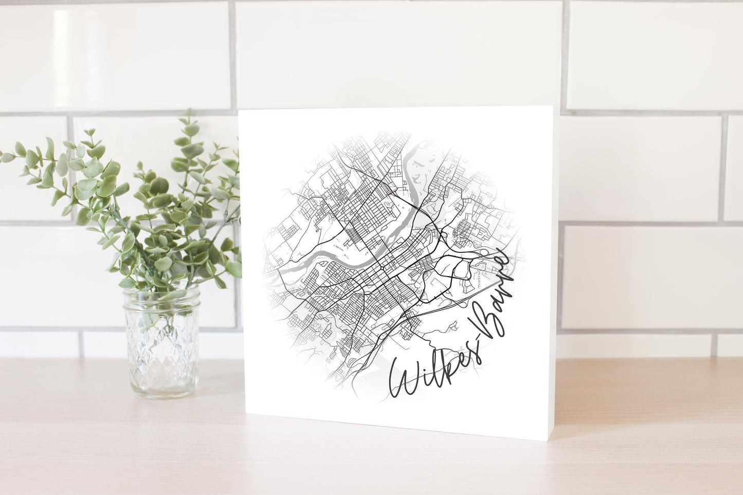 Minimalistic B&W Pennsylvania Wilkes Barre Circle Map | Wood Block | Eaches | Min 2