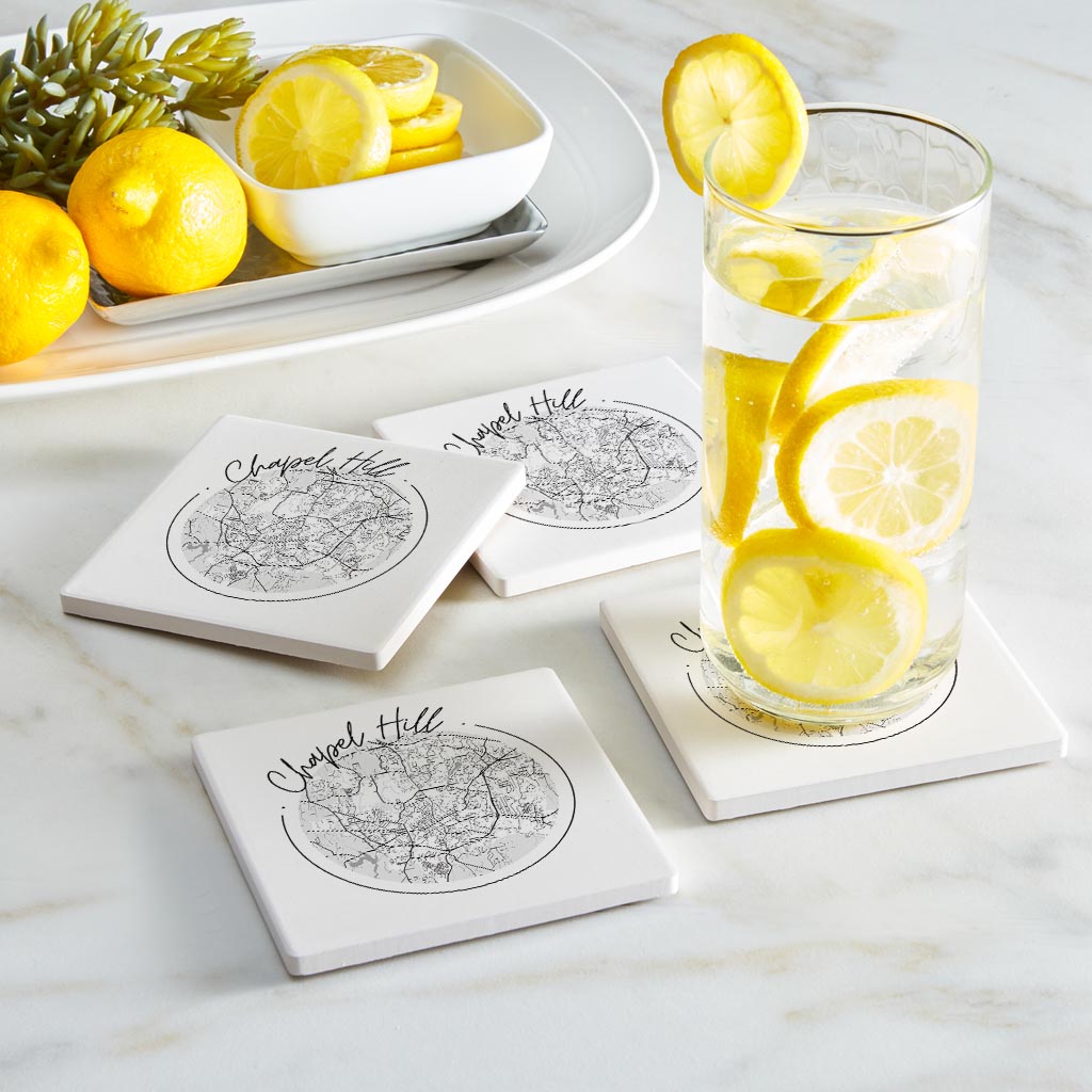 Minimalistic B&W North Carolina Chapel Hill Circle Map | Absorbent Coasters | Set of 4 | Min 2