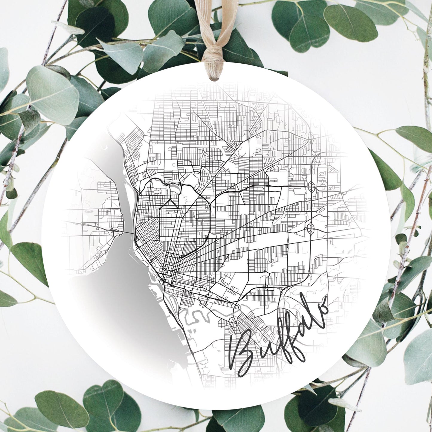 Minimalistic B&W New York Buffalo Faded Circle Map | Wood Ornament | Eaches | Min 1