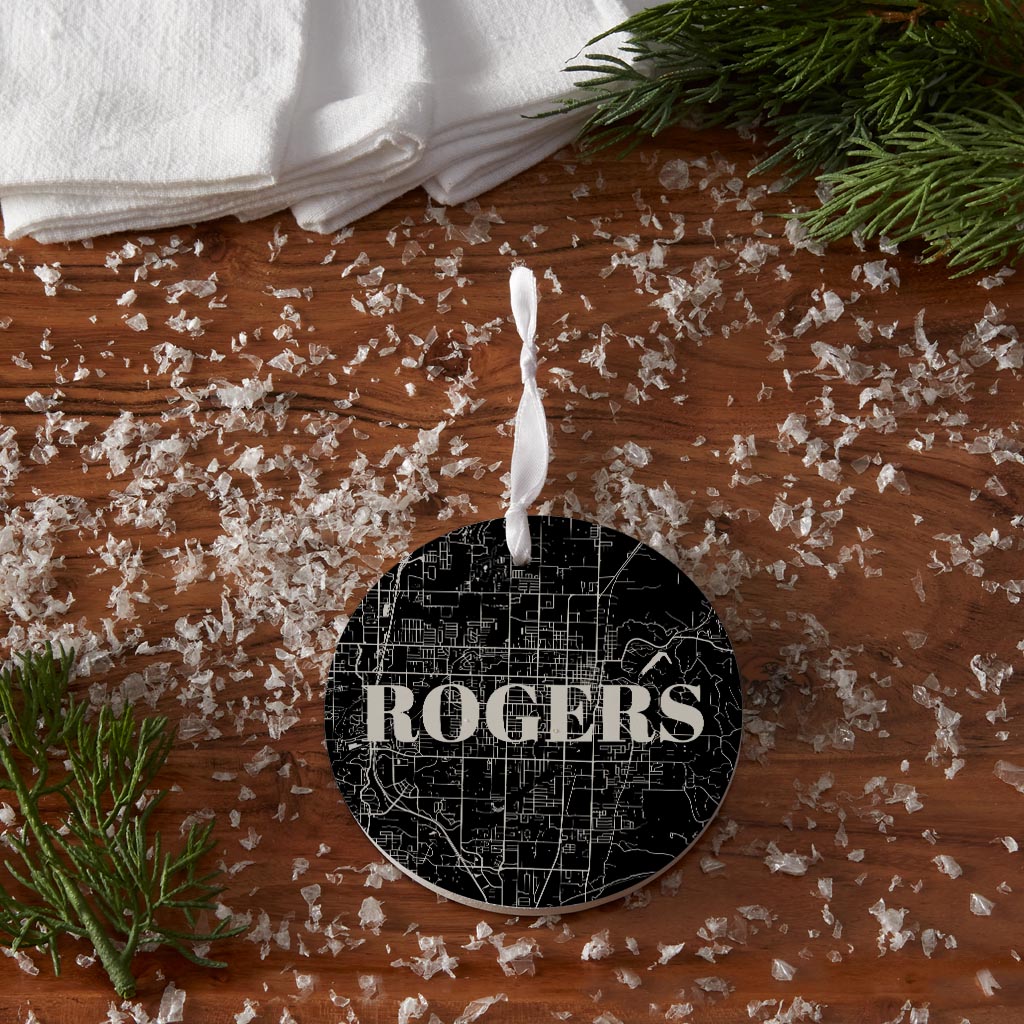 Minimalist B&W Arkansas Rogers Map | Wood Ornament | Eaches | Min 6