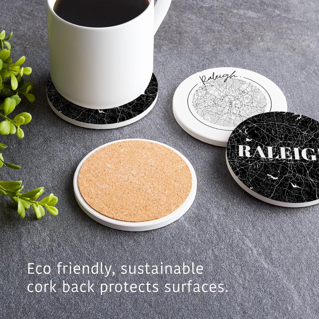 Minimalistic B&W North Carolina Raleigh Maps | Absorbent Coasters | Set of 4 | Min 2
