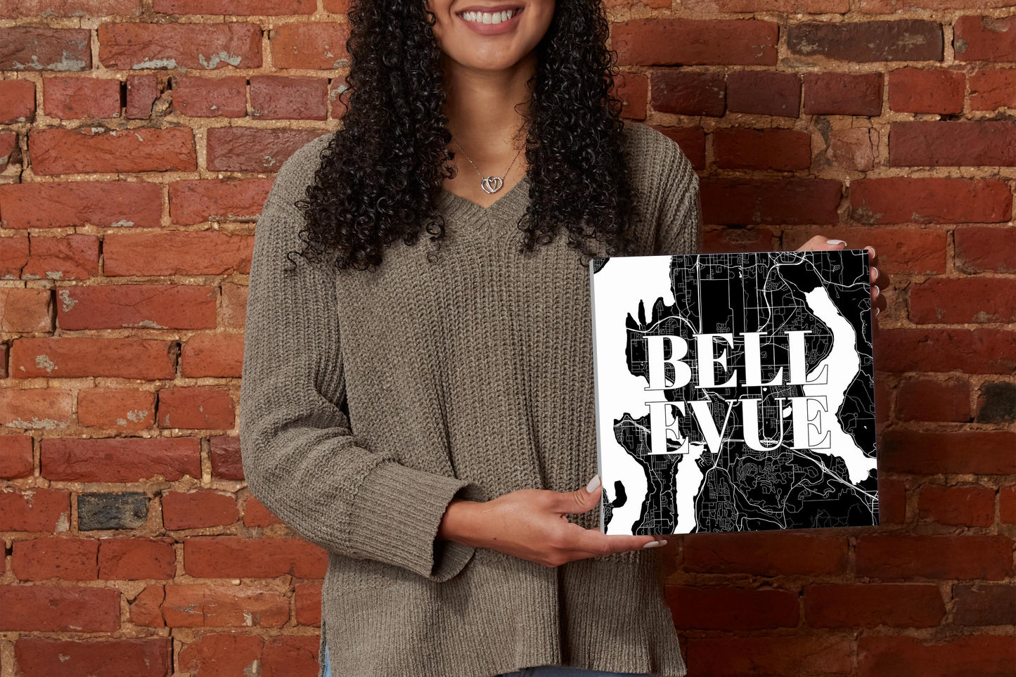 Minimalistic B&W Washington Bellevue Map | Wood Block | Eaches | Min 2