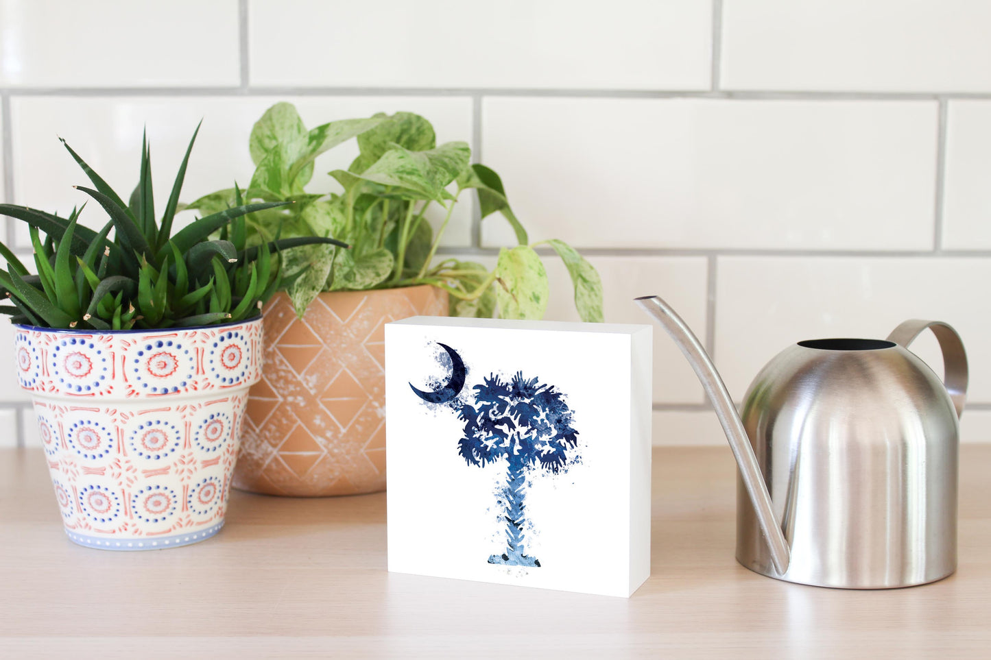 South Carolina Blue Water Color Palm Trees On White | Wood Block | Eaches | Min 4