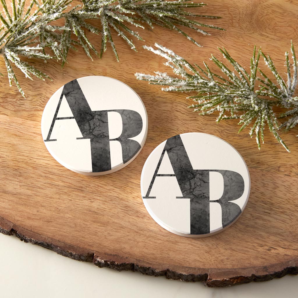 B&W Minimalist Arkansas White Initials | Absorbent Car Coasters | Set of 2 | Min 4