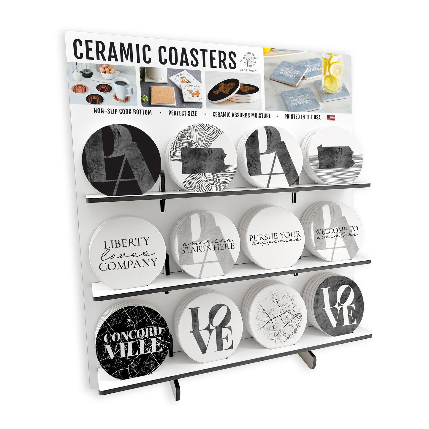 Minimalistic B&W Pennsylvania Concordville Circle Ceramic Coaster Loaded Display POP Min of 1
