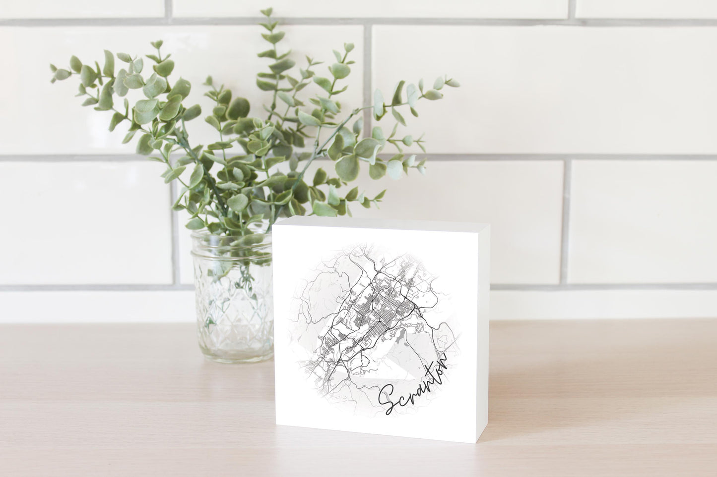 Minimalistic B&W Pennsylvania Scranton Circle Map | Wood Block | Eaches | Min 4