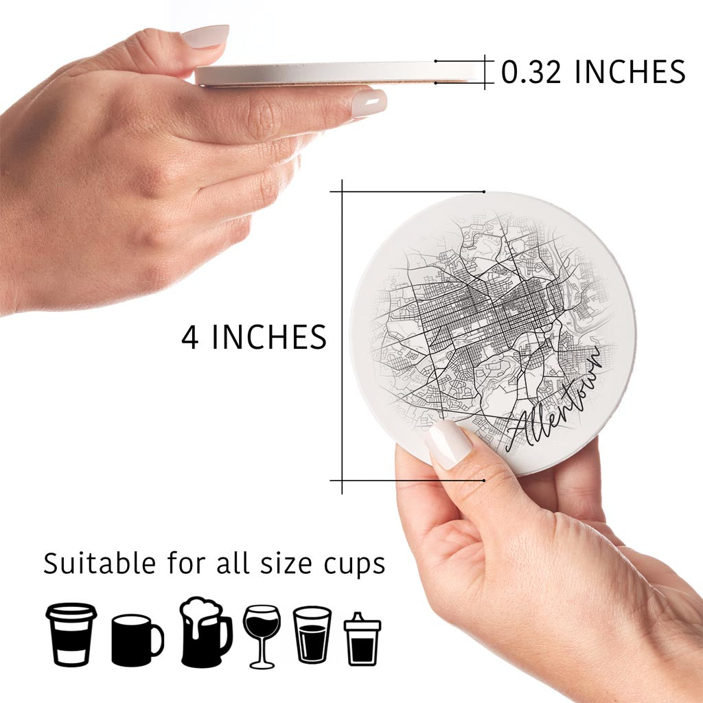 Minimalistic B&W Pennsylvania Allentown Circle Map | Absorbent Coasters | Set of 4 | Min 2
