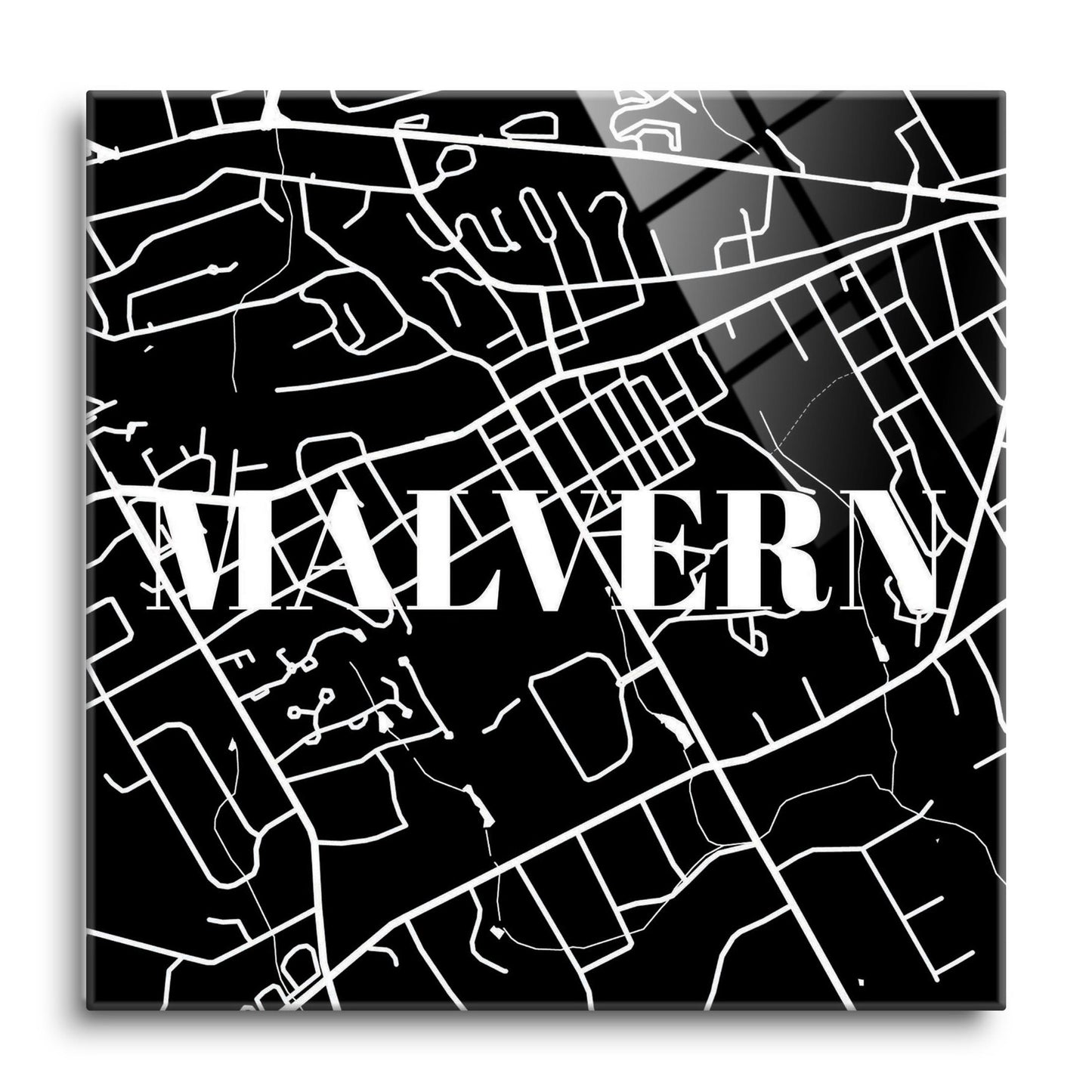 Minimalistic B&W Pennsylvania Malvern Map | Hi-Def Glass Art | Eaches | Min 1