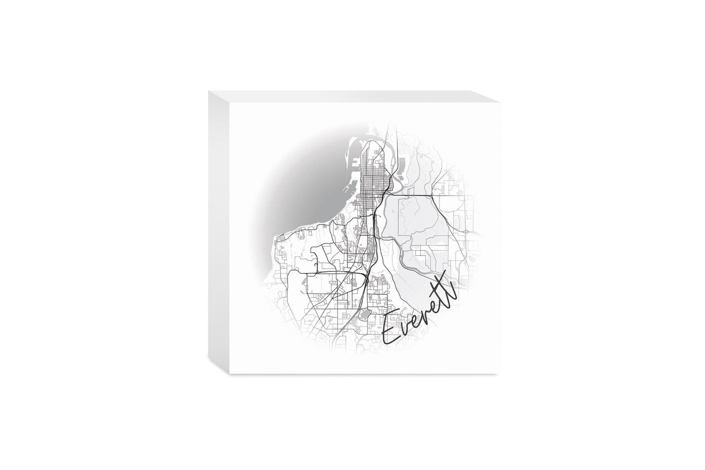 Minimalistic B&W Washington Everett Circle Map | Wood Block | Eaches | Min 4