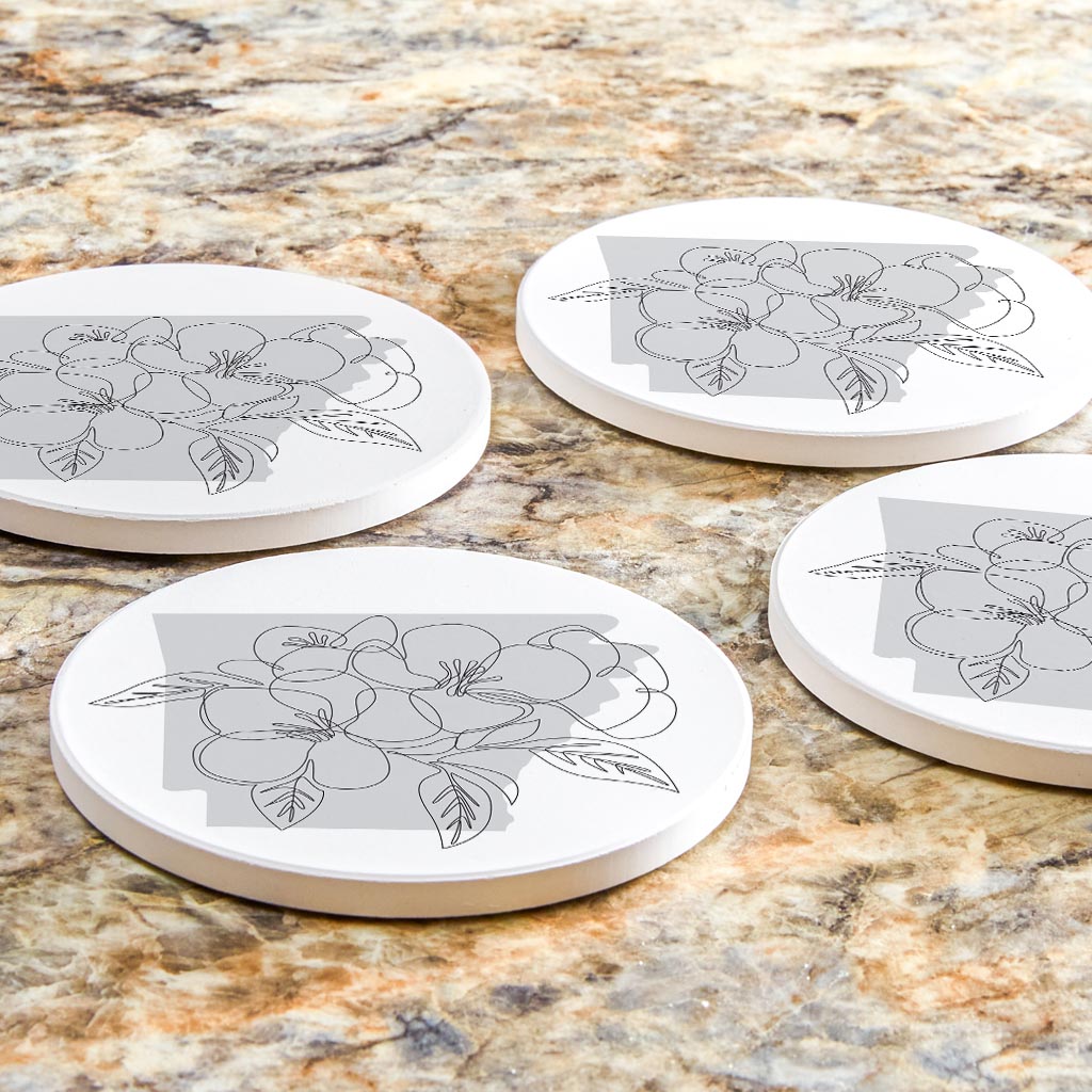 B&W Minimalist Arkansas Single Line Apple Blossoms | Absorbent Coasters | Set of 4 | Min 2