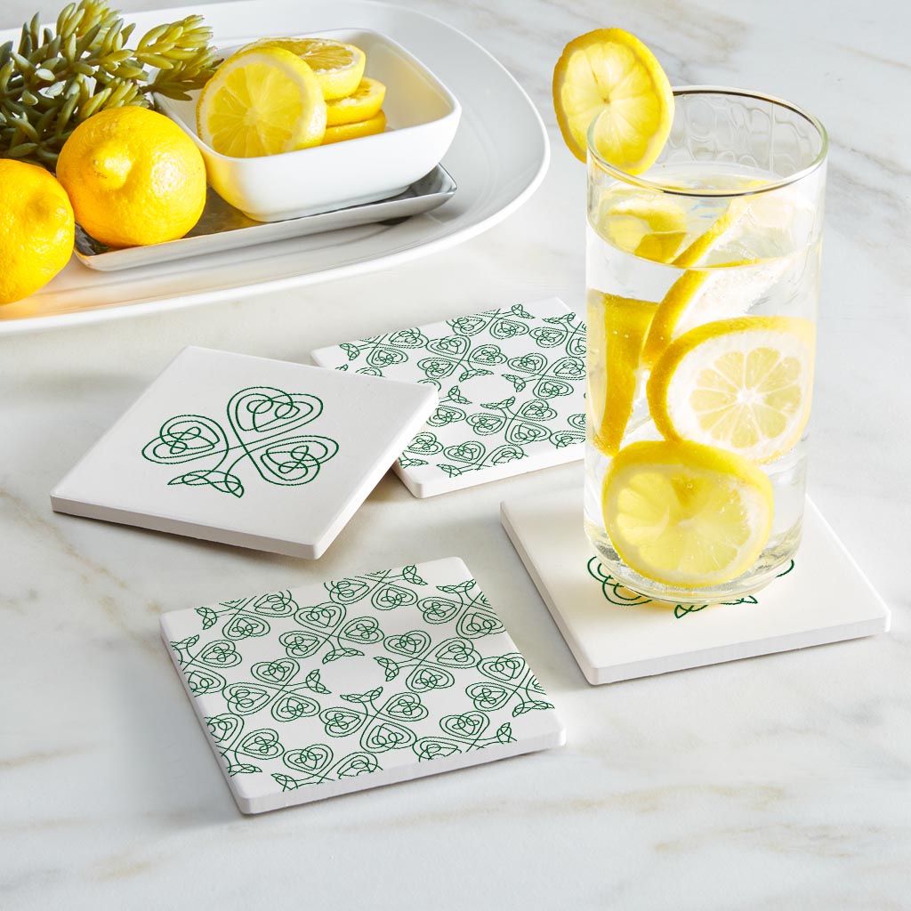 White Green Shamrock Pattern Shape| Absorbent Coasters | Set of 4 | Min 2