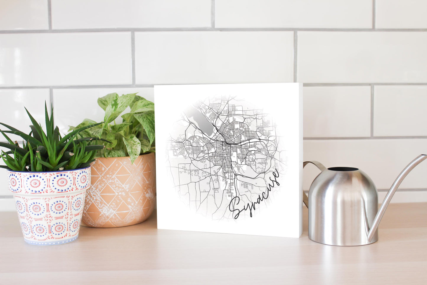 Minimalistic B&W New York Syracuse Faded Circle Map | Wood Block | Eaches | Min 2