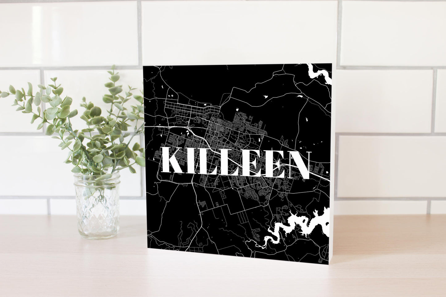 Minimalistic B&W Texas Killeen Map | Wood Block | Eaches | Min 2