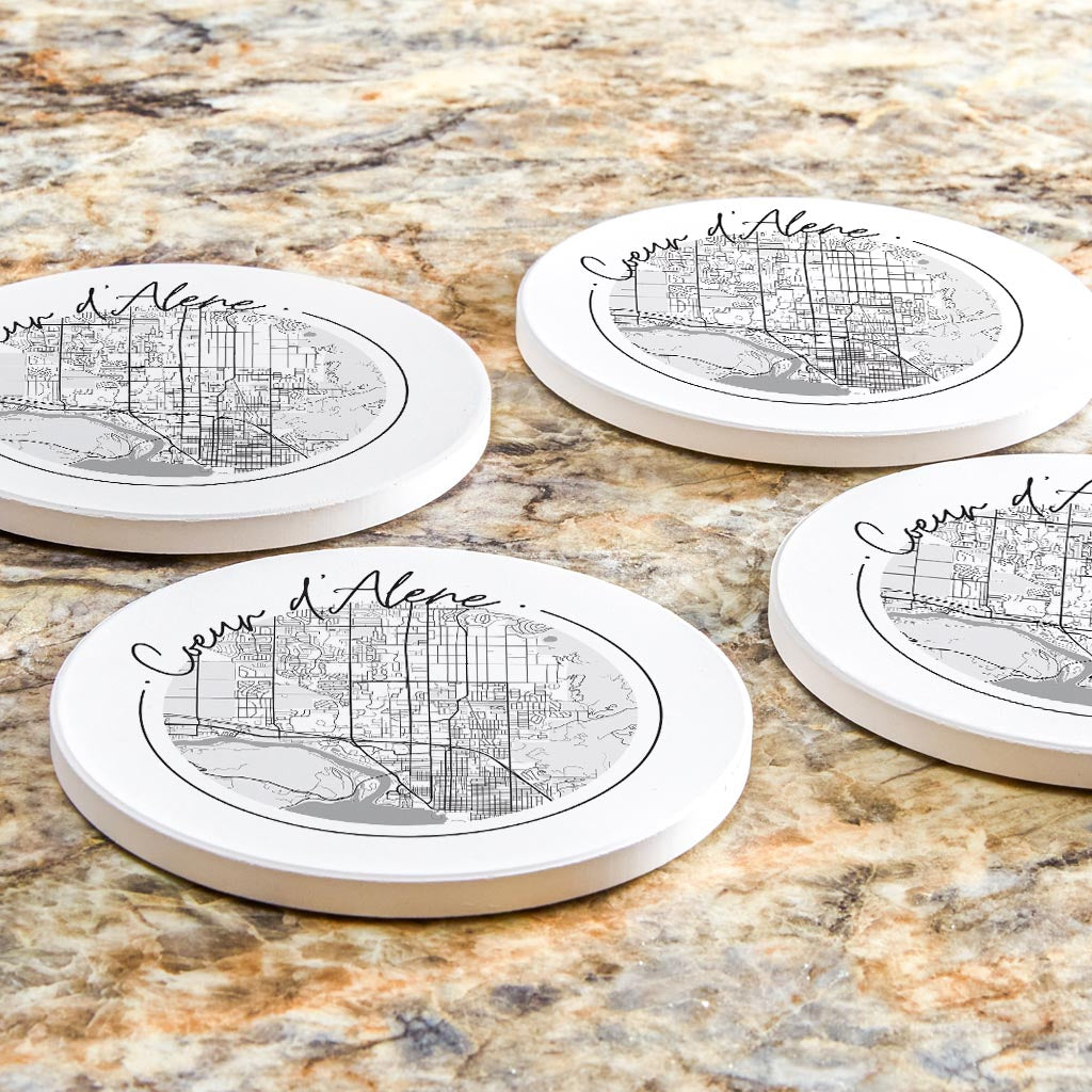 Minimalist B&W Idaho Coeur Dalene Circle Map | Absorbent Coasters | Set of 4 | Min 2