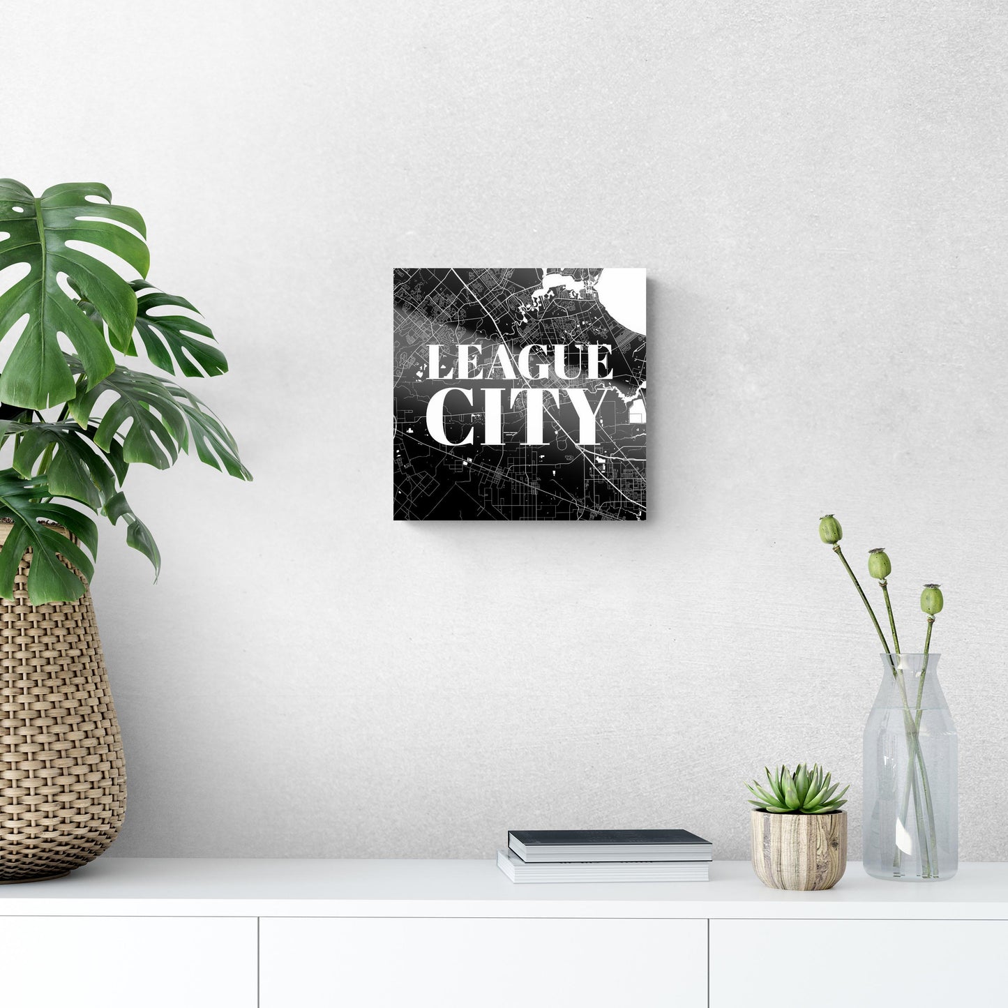 Minimalistic B&W Texas League City Map | Hi-Def Glass Art | Eaches | Min 1