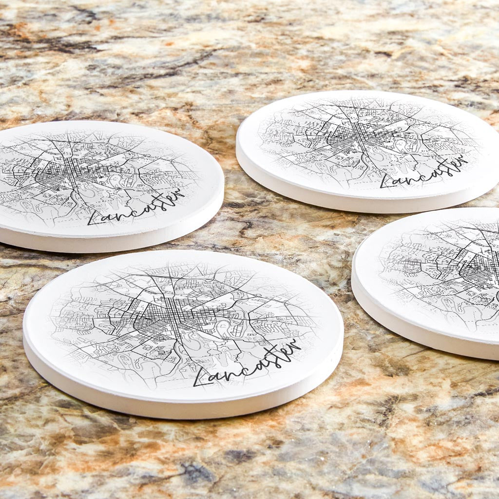 Minimalistic B&W Pennsylvania Lancaster Circle Map | Absorbent Coasters | Set of 4 | Min 2