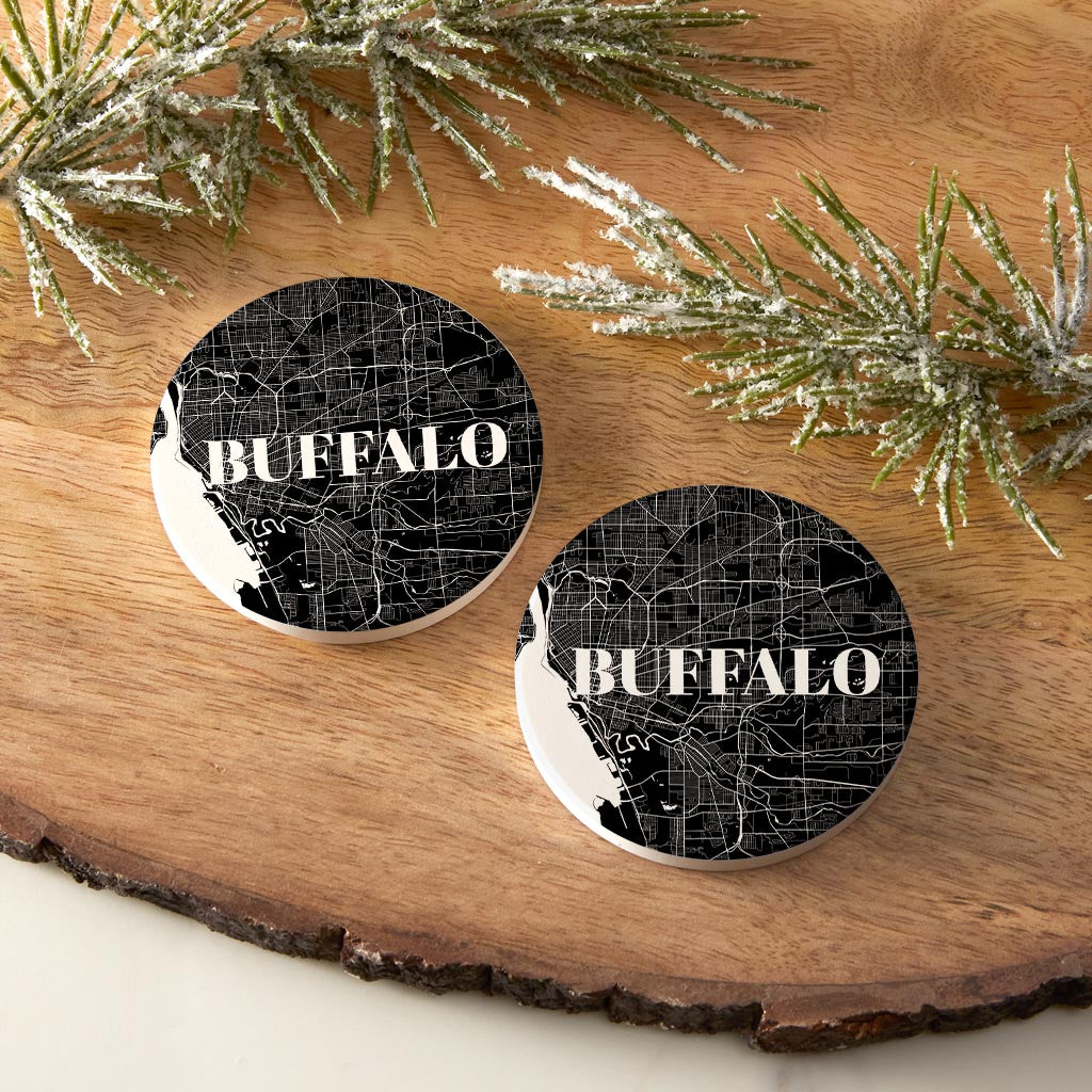 Minimalistic B&W New York Buffalo Map | Absorbent Car Coasters | Set of 2 | Min 4