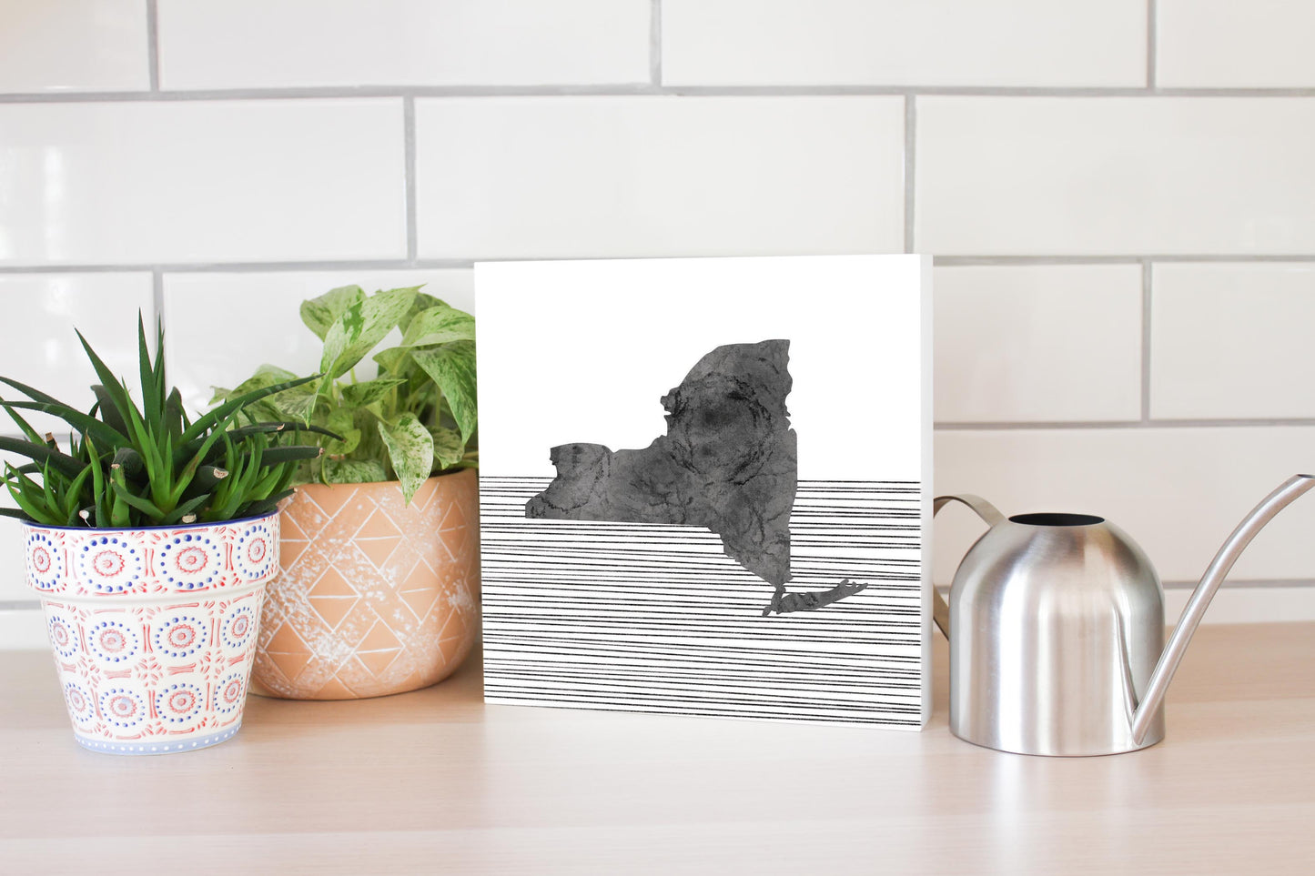 Minimalistic B&W New York Shape Straight Lines | Wood Block | Eaches | Min 2