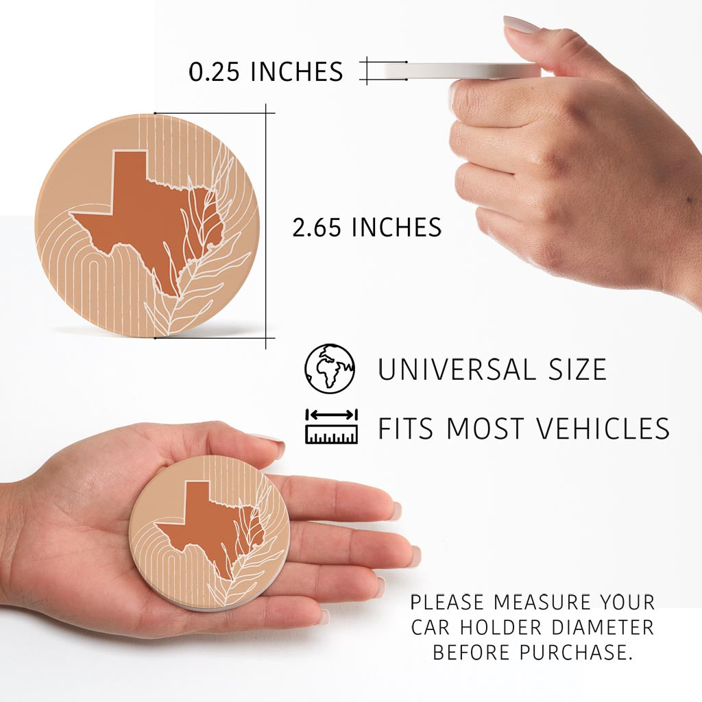Modern Minimalist Texas State Shape With Leaf | Absorbent Car Coasters | Set of 2 | Min 4