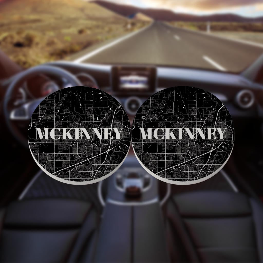 Minimalistic B&W Texas Mckinney Map | Absorbent Car Coasters | Set of 2 | Min 4