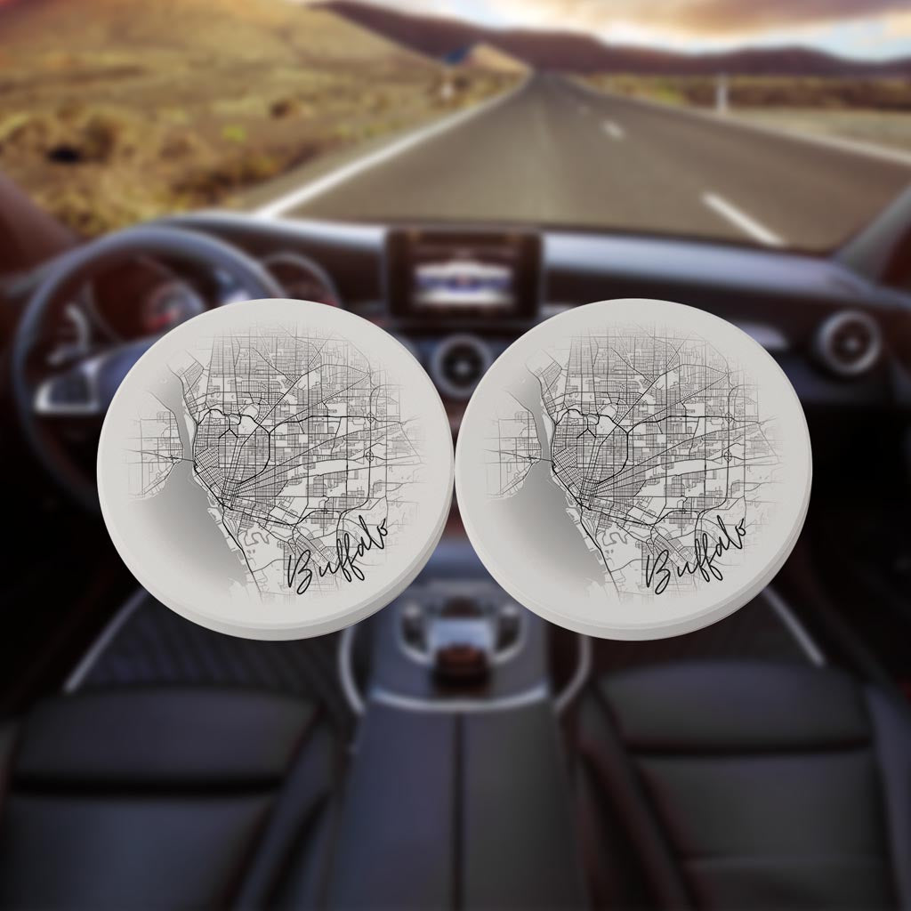 Minimalistic B&W New York Buffalo Faded Circle Map| Absorbent Car Coasters | Set of 2 | Min 4