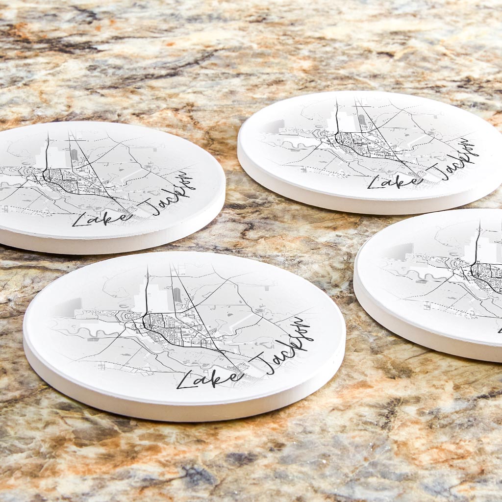 Minimalistic B&W Texas Lake Jackson Circle Map | Absorbent Coasters | Set of 4 | Min 2