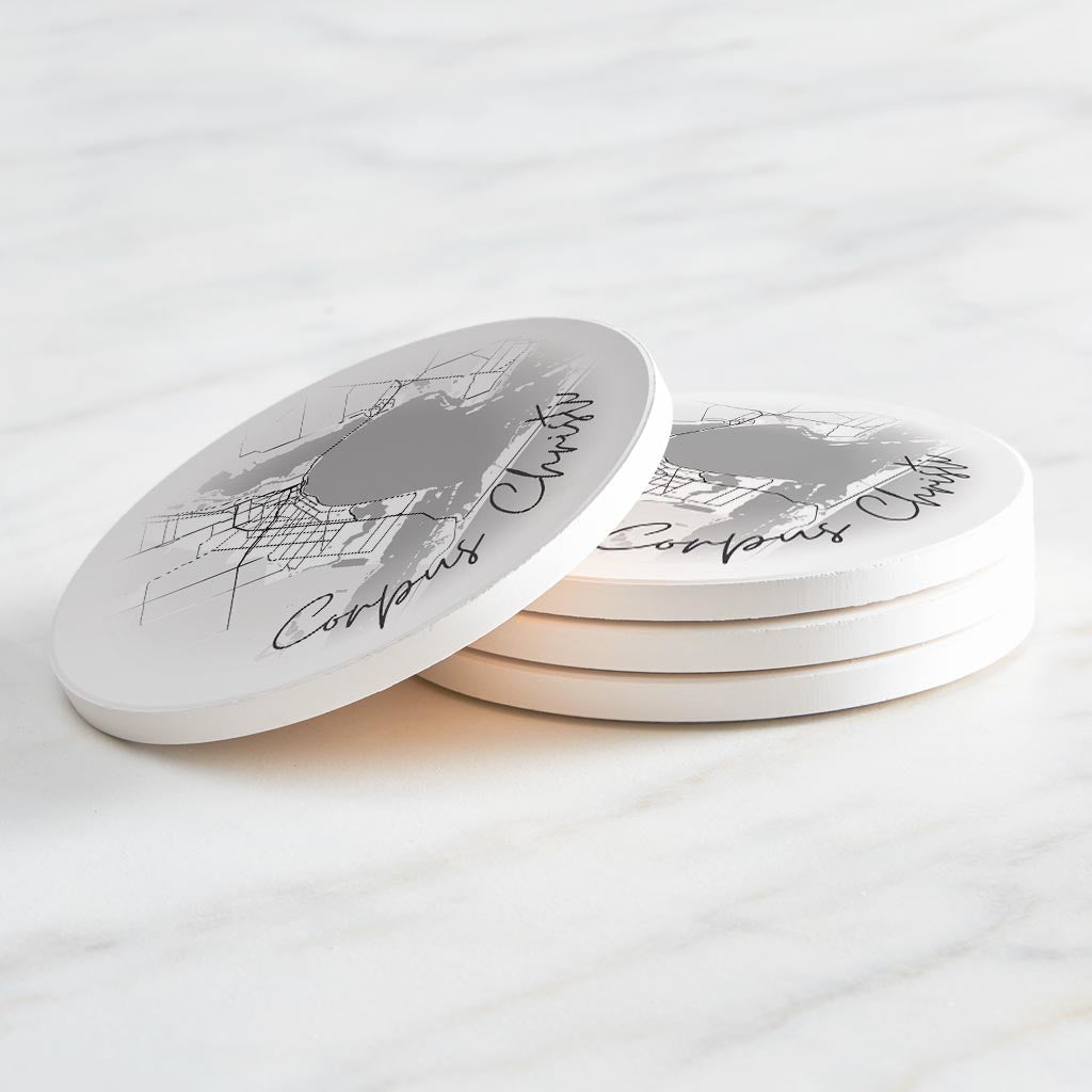 Minimalistic B&W Texas Corpus Christi Circle Map | Absorbent Coasters | Set of 4 | Min 2