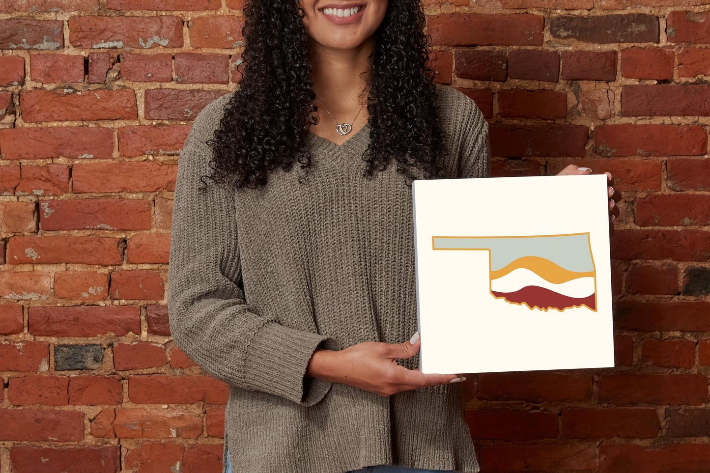 Modern Minimalist Oklahoma Cream Retro State Shape With Hills | Wood Block | Eaches | Min 2