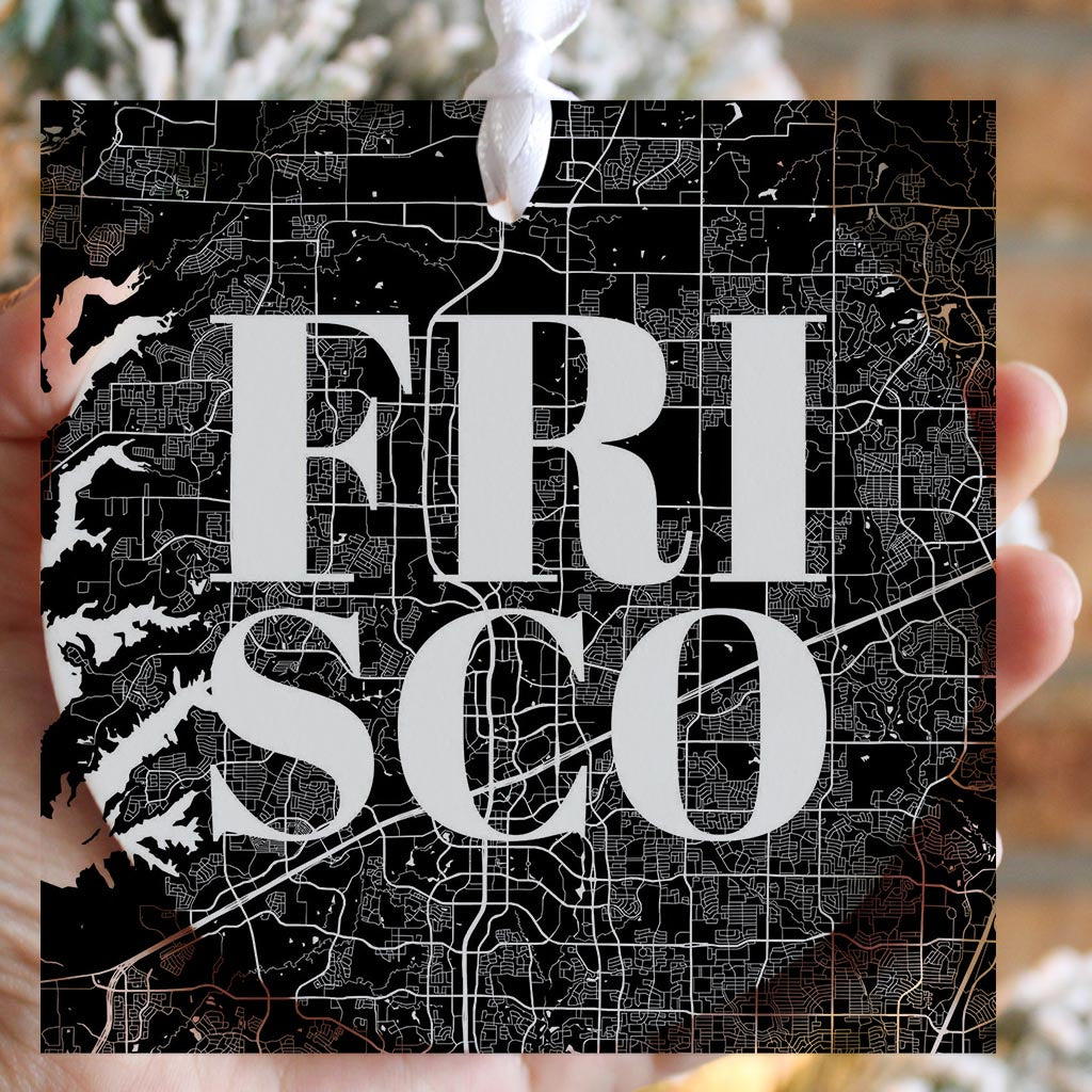 Minimalistic B&W Texas Frisco Map | Wood Ornament | Eaches | Min 6