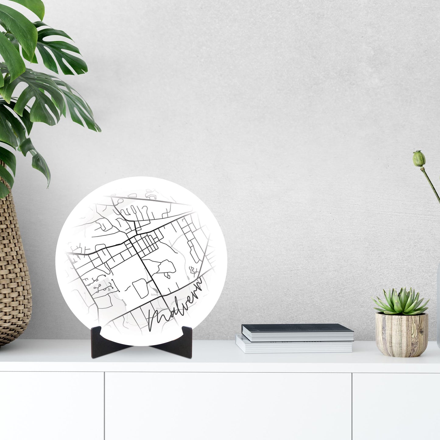 Minimalistic B&W Pennsylvania Malvern Circle Map | Wood Sign | Eaches | Min 1