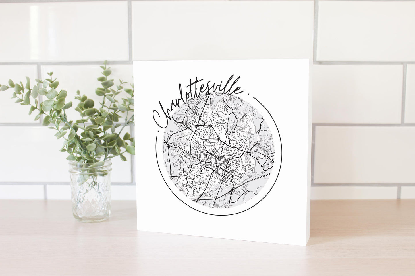 Minimalistic B&W Virginia Charlottesville Circle Map | Wood Block | Eaches | Min 2