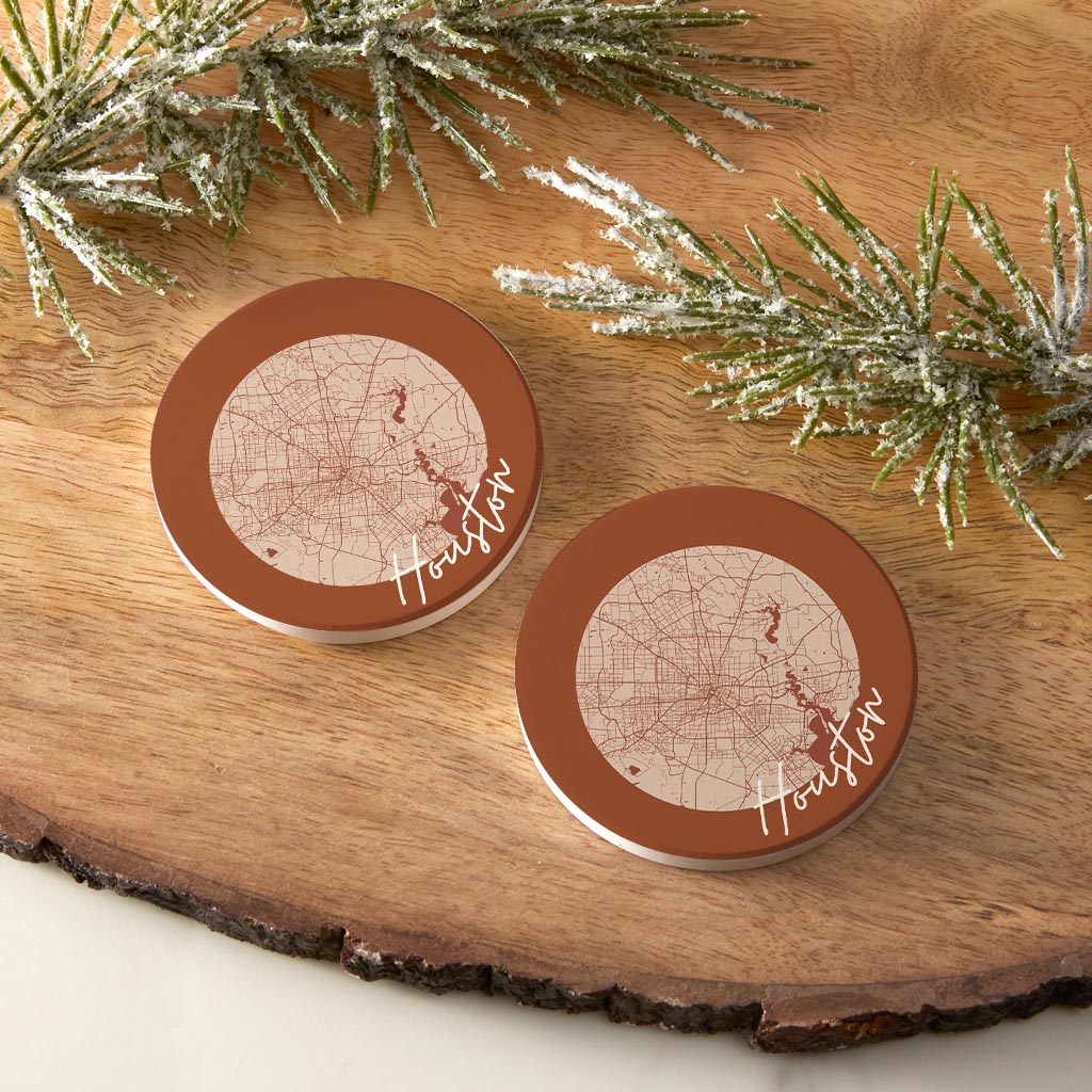 Modern Minimalist Houston Texas Map | Absorbent Car Coasters | Set of 2 | Min 4