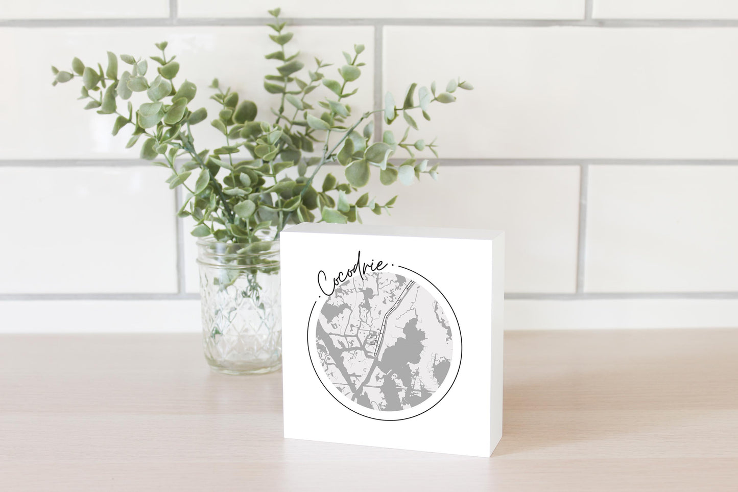 Minimalist B&W Louisiana Cocodrie Circle Map | Wood Block | Eaches | Min 4