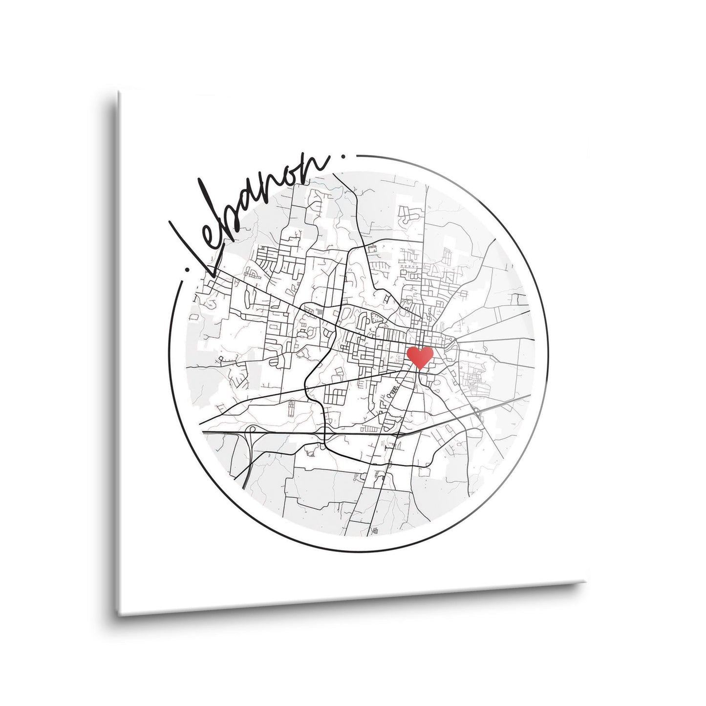 Minimalist B&W Tennessee Lebanon Circle Map Heart | Hi-Def Glass Art | Eaches | Min 2
