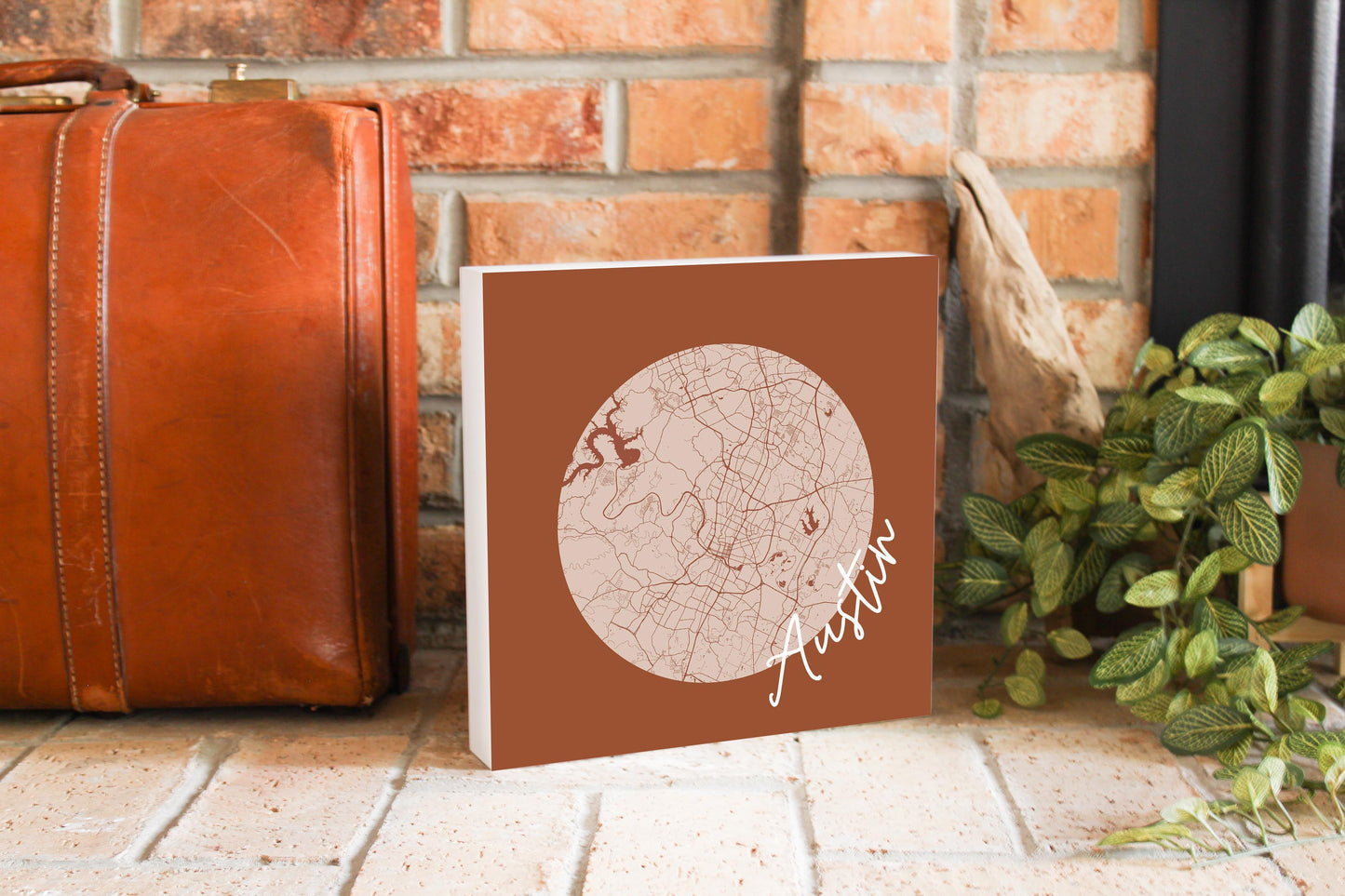 Modern Minimalist Texas Austin Circle Map | Wood Block | Eaches | Min 2