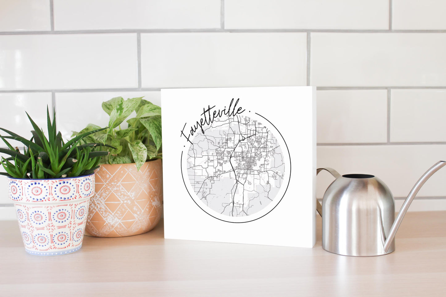 B&W Minimalist Arkansas Fayetteville Circle Map | Wood Block | Eaches | Min 2