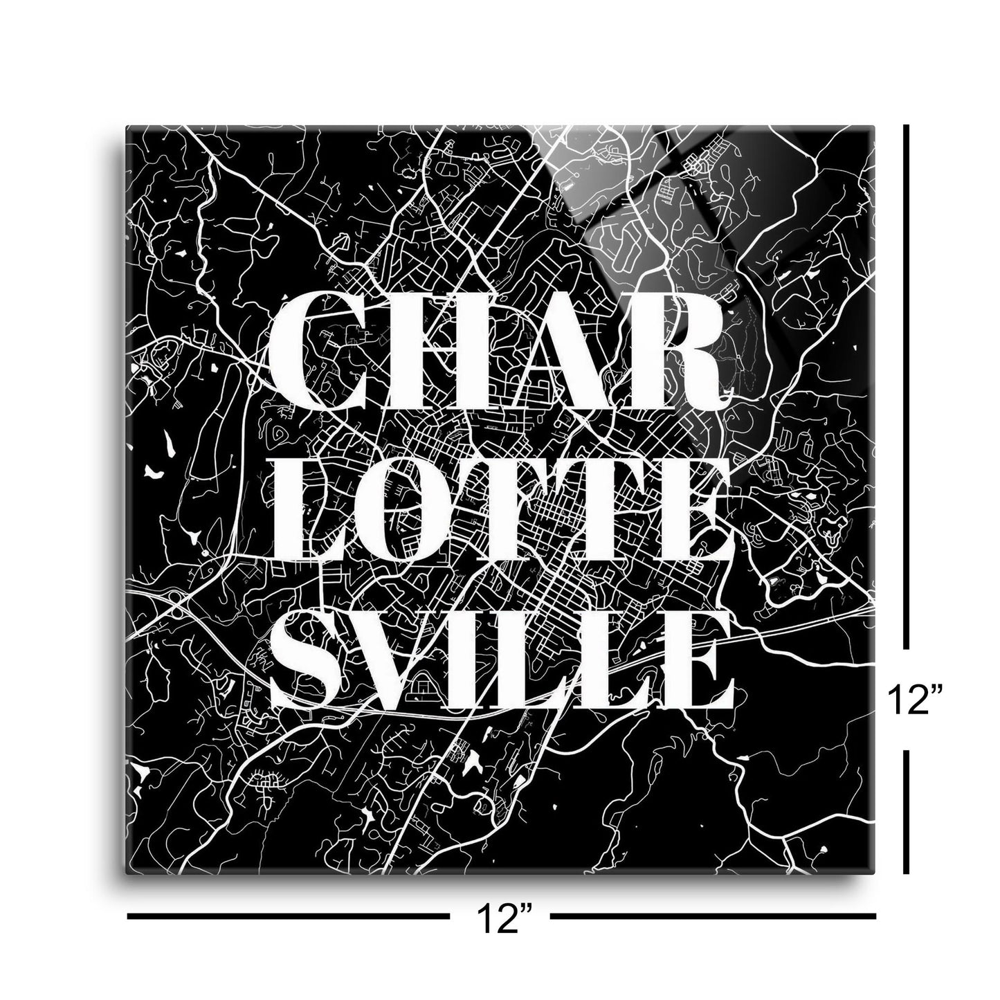 Minimalistic B&W Virginia Charlottesville Map | Hi-Def Glass Art | Eaches | Min 1