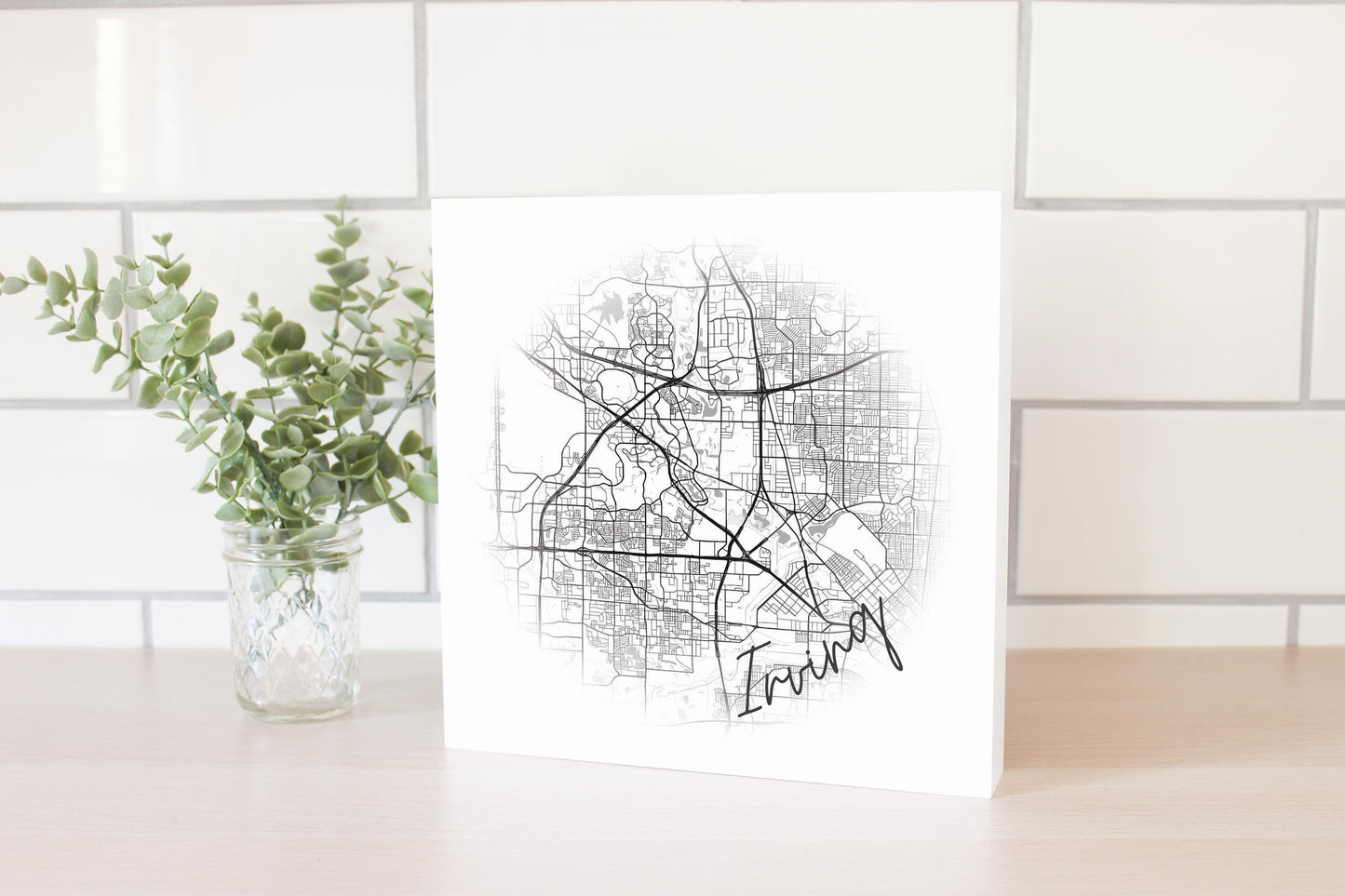 Minimalistic B&W Texas Irving Circle Map | Wood Block | Eaches | Min 2