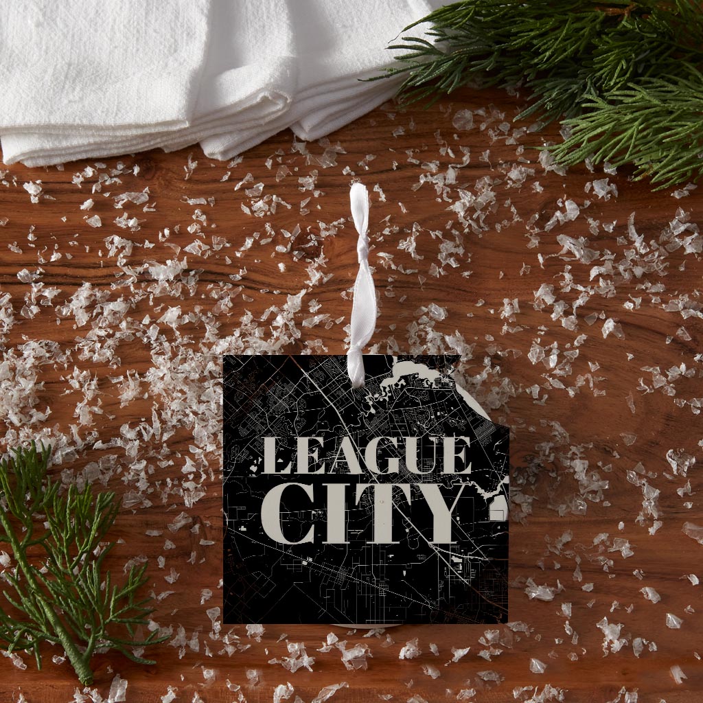 Minimalistic B&W Texas League City Map | Wood Ornament | Eaches | Min 6