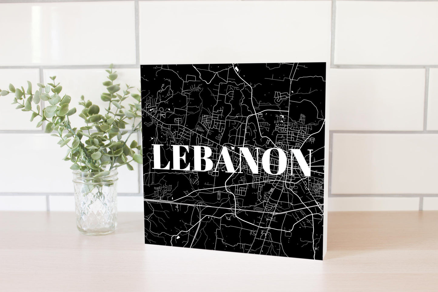 Minimalist B&W Tennessee Lebanon Map | Wood Block | Eaches | Min 2