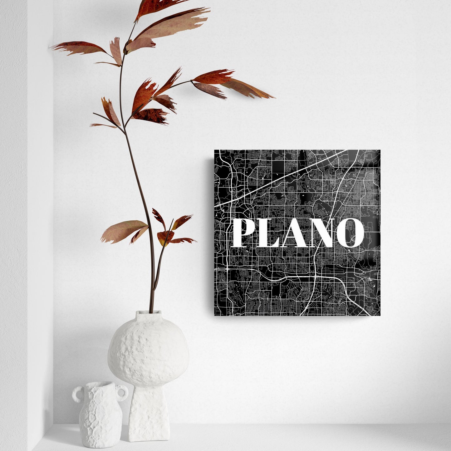 Minimalistic B&W Texas Plano Map | Hi-Def Glass Art | Eaches | Min 2