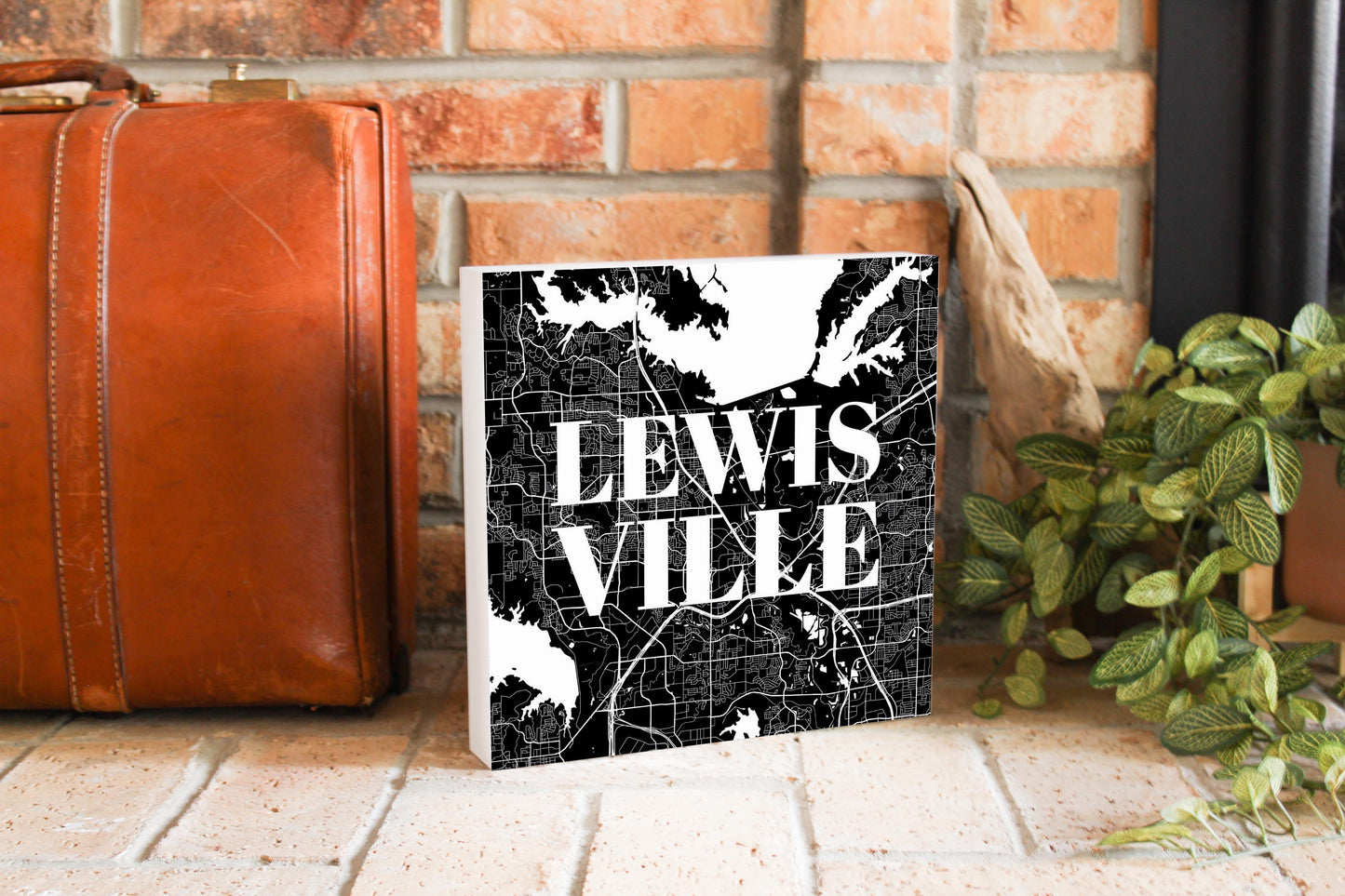 Minimalistic B&W Texas Lewisville Map | Wood Block | Eaches | Min 2